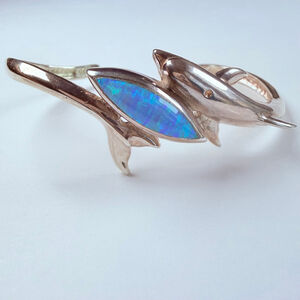 Native American Ted OTT Figural Dolphin Opal Sterling Silver 925 Cuff Bracelet